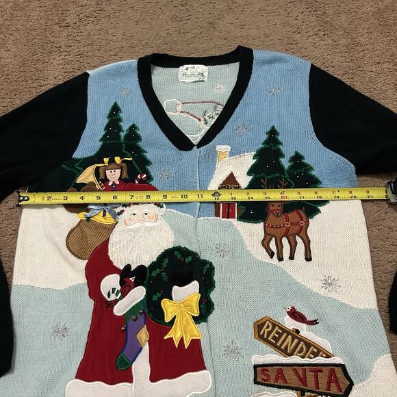 Quaker Factory Knit Christmas Cardigan Santa Angel Blue Black Size XL? *NO TAG - Picture 4 of 6